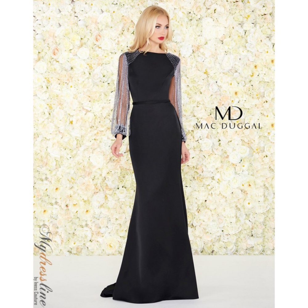 Mac Duggal 20116D Beaded Fringe Sleeve Gown